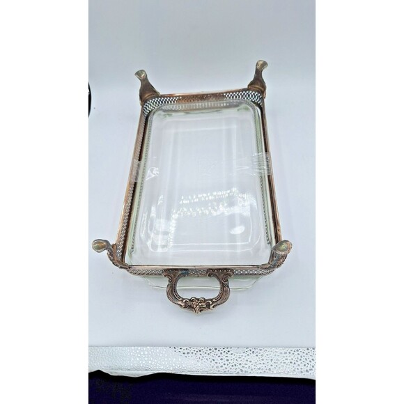 Vtg Anchor Hocking Fire King Glass Casserole Dish with Silver plated Tray 9x13in - Picture 7 of 12